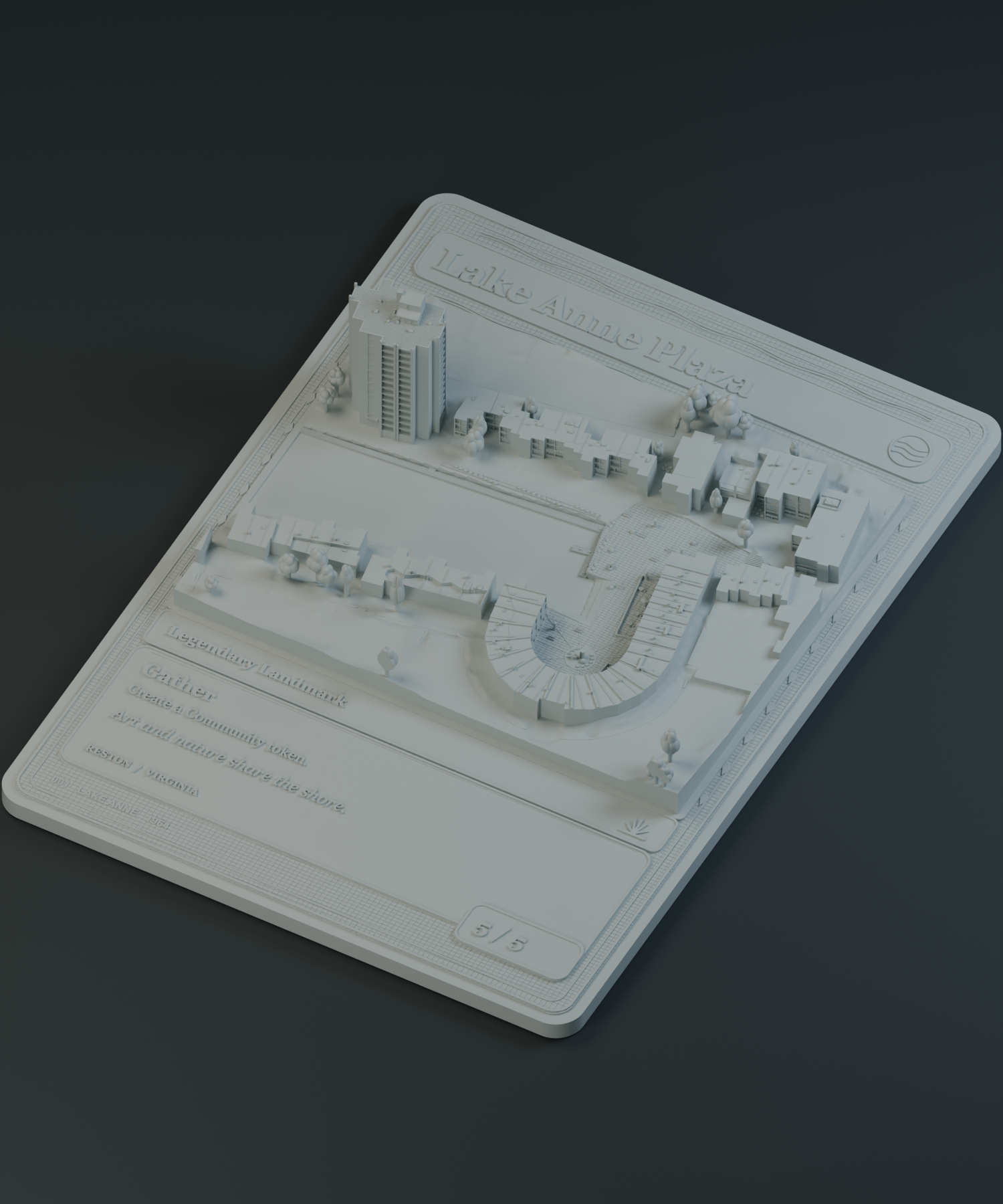 Digital render of the Lake Anne Plaza miniature card, showing buildings, waterfront, and raised lettering in a single neutral material