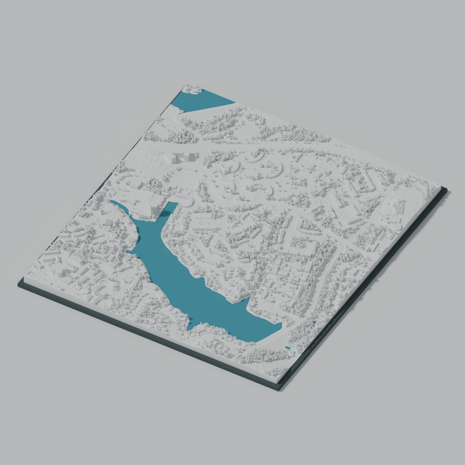 Digital render of Lake Anne and Northgate, with modeled woodland, buildings, and a blue lake visualization