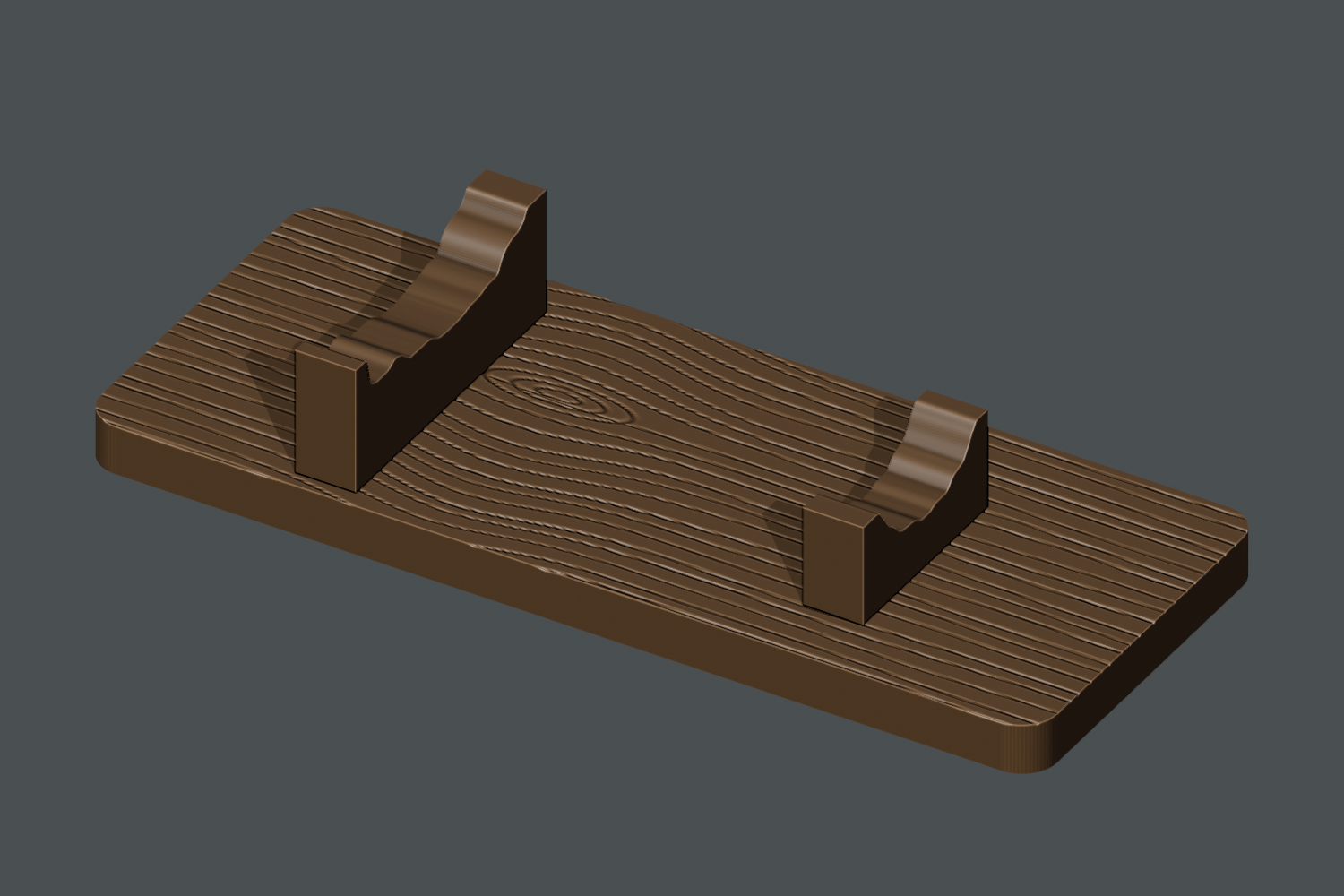 Digital render of the separate stand, showing engraved grain and two open fitted cradles